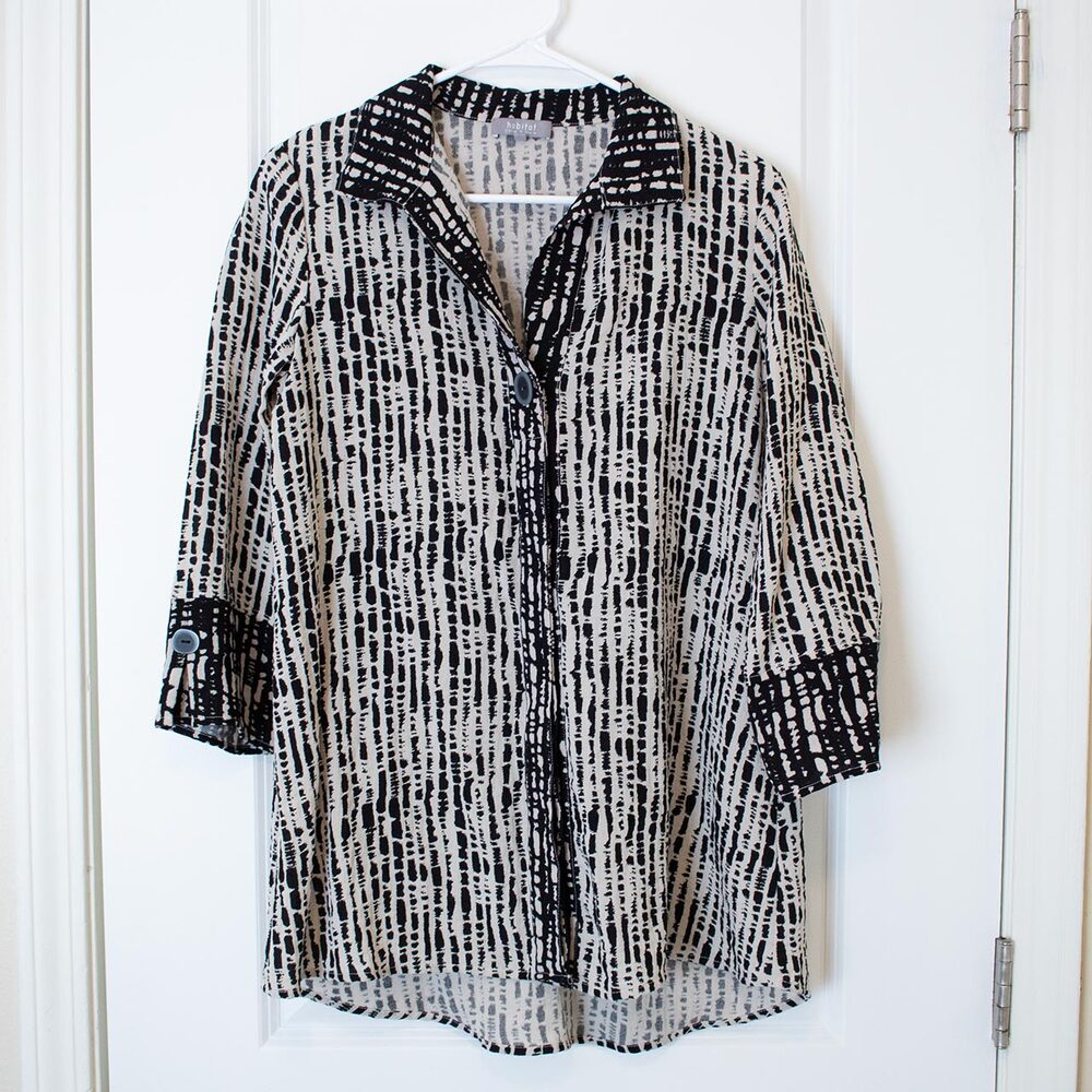 Lagenlook Habitat Textured Shirt Abstract Black White Button Up XS | Dark Winter